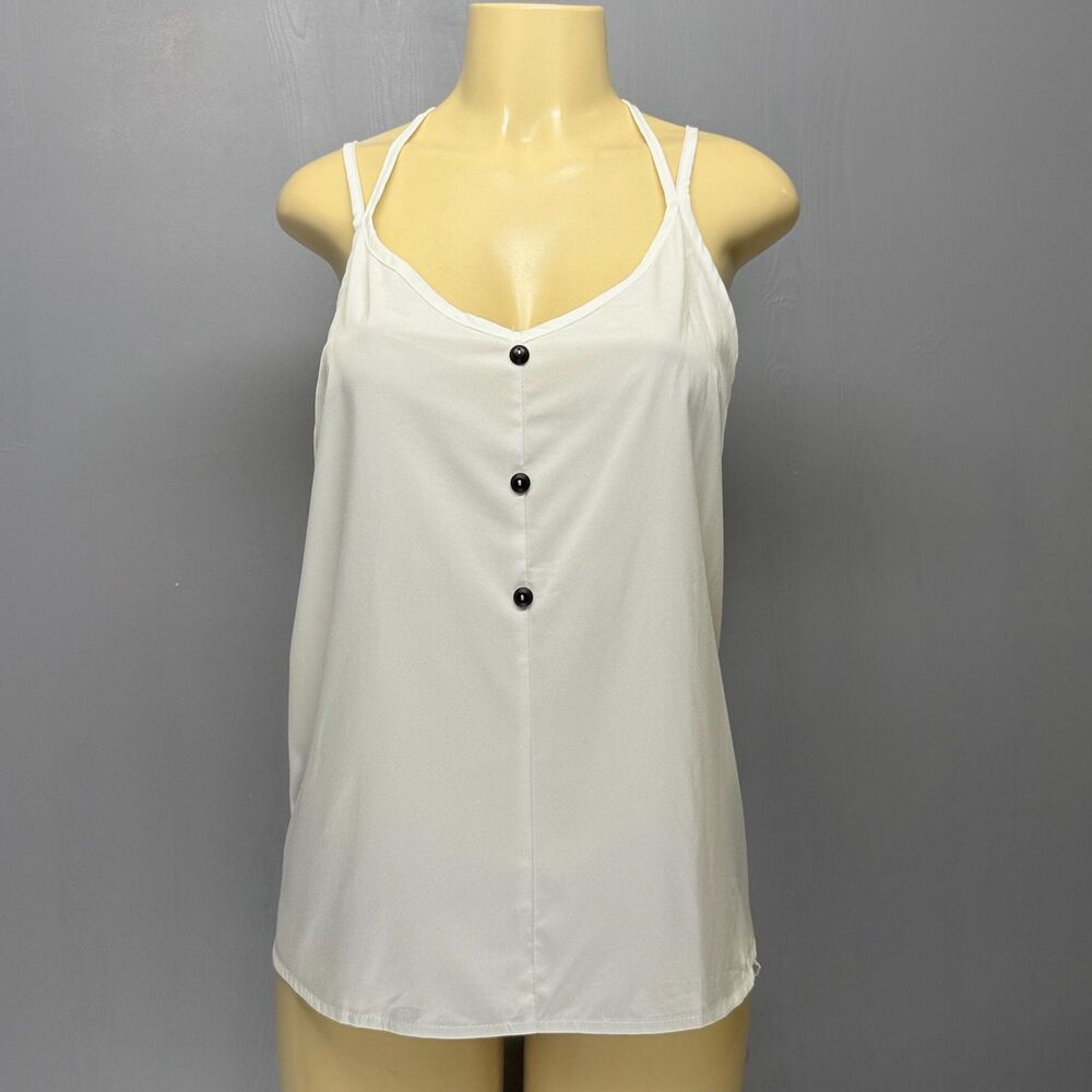 White Cami Tank Top Beehive Button Front | Adjustable Straps + Back Tie | XL